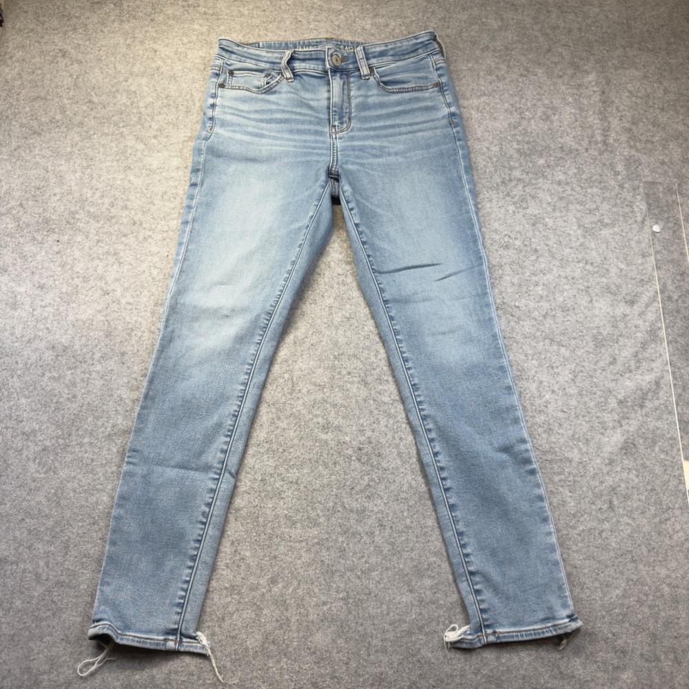 American Eagle Skinny Jeans Womens 10 Light Blue Excellent Soft Knit Raw Hem